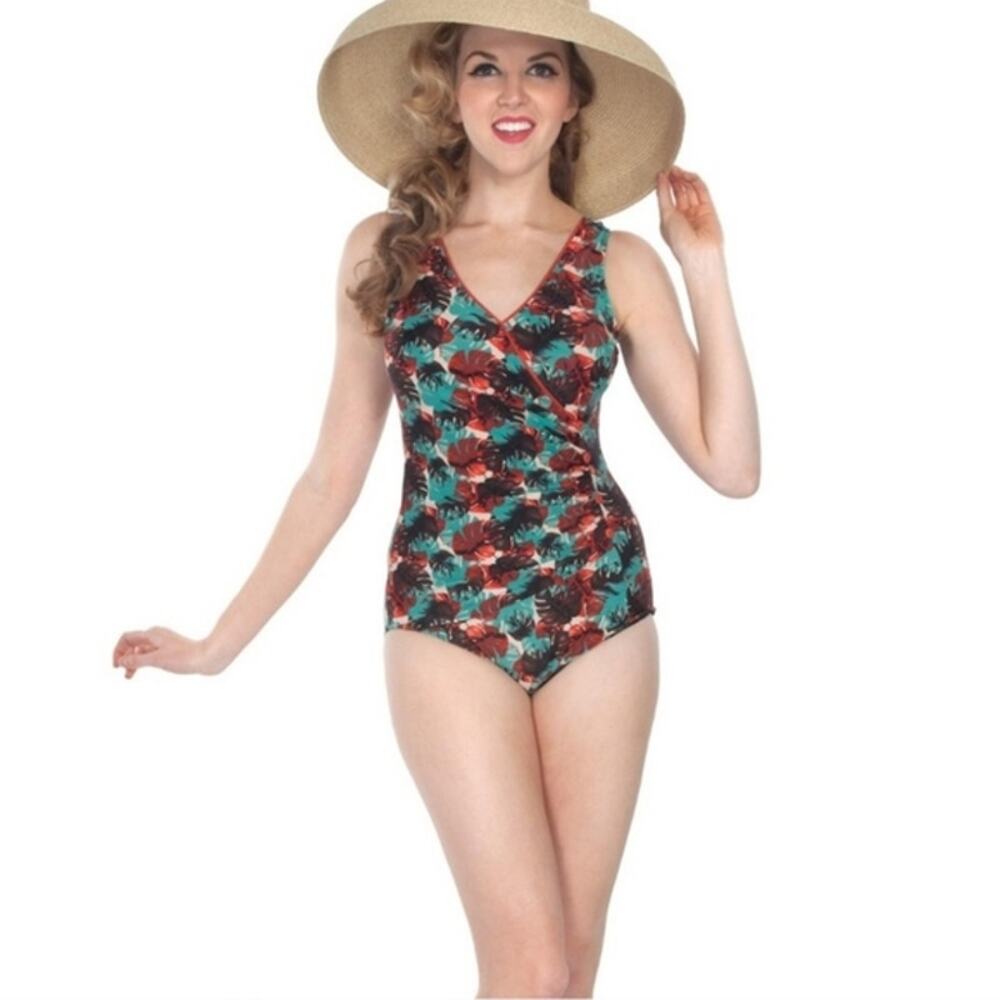 Beach Bash! (S) Orange Green Back Palm Frond One Piece Swim Suit